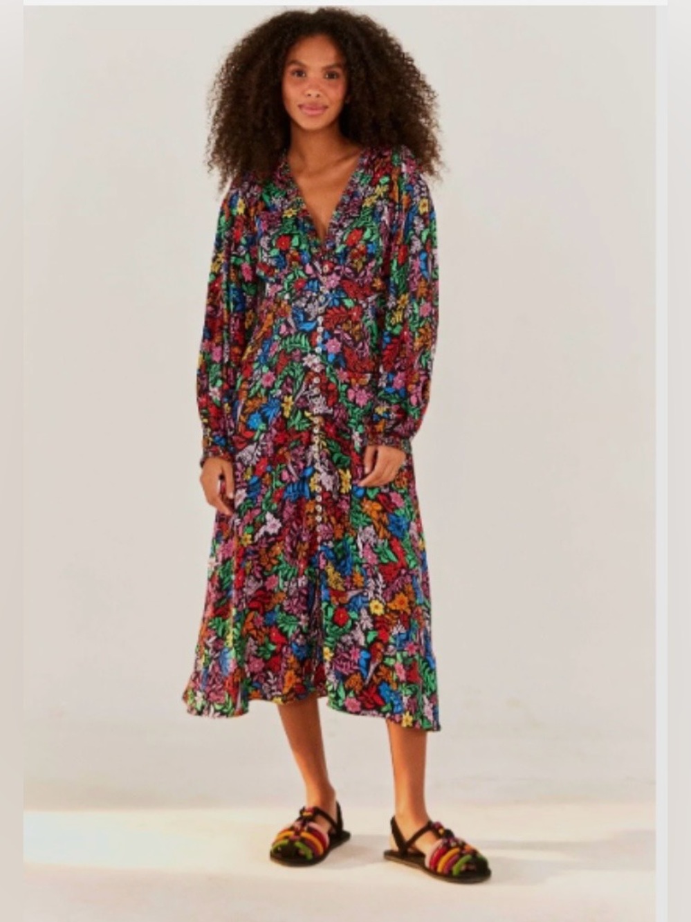 FARM Rio Tropical Garden Midi Dress V-Neck Viscose Size Large Retail $275🌺
